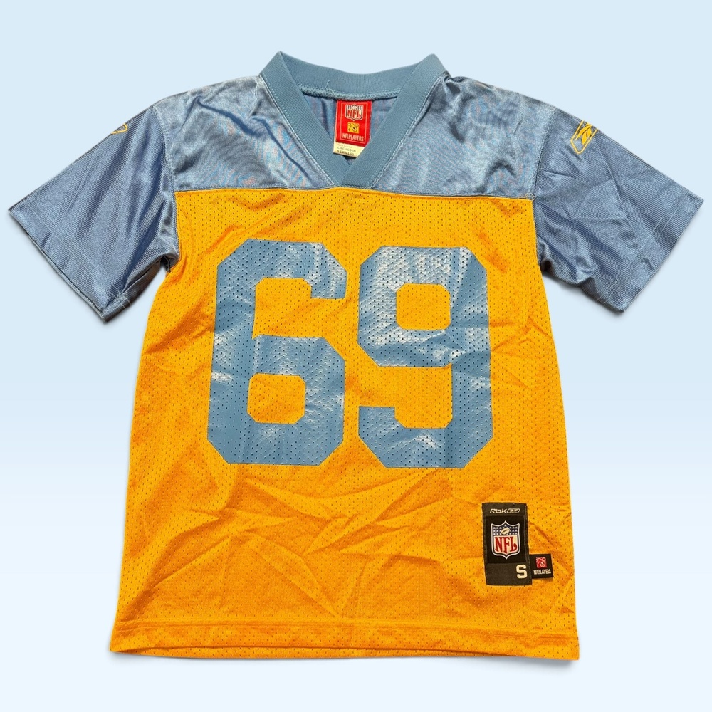 NFL Jon Runyan Jersey Boys Small 8 Yellow Blue NFL Football Reebok 69 Kids